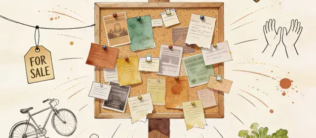 Illustrated community bulletin board with flyers, business cards, and local postings