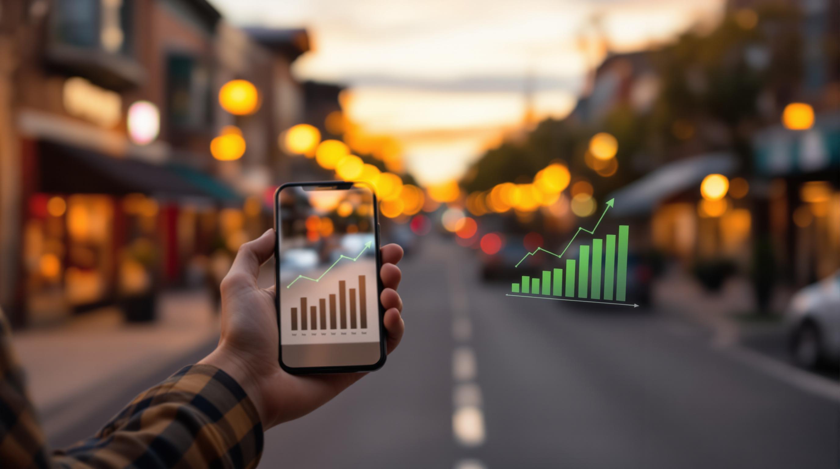 Phone showing community analytics on a small-town main street at golden hour