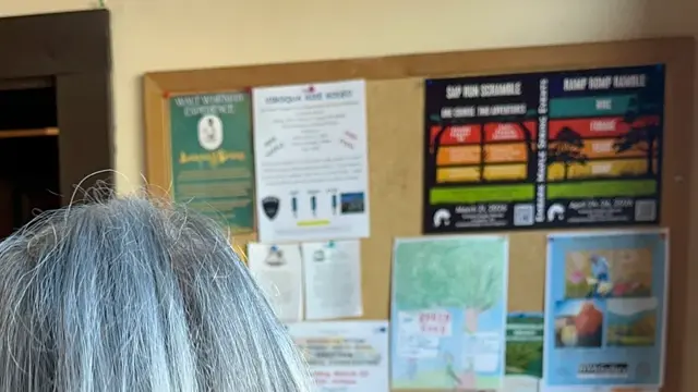 Bad example: person blocking the bulletin board, too close